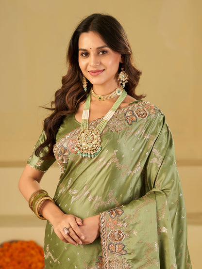 Olive Green Banarasi Silk Saree with Heavy Embroidered Border & Rich Zari Woven Pallu | Designer Wedding & Festive Saree