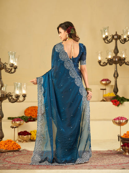 Royal Blue Fendy Satin Saree with White Floral Embroidery Border | Elegant Designer Party Wear Saree with Blouse