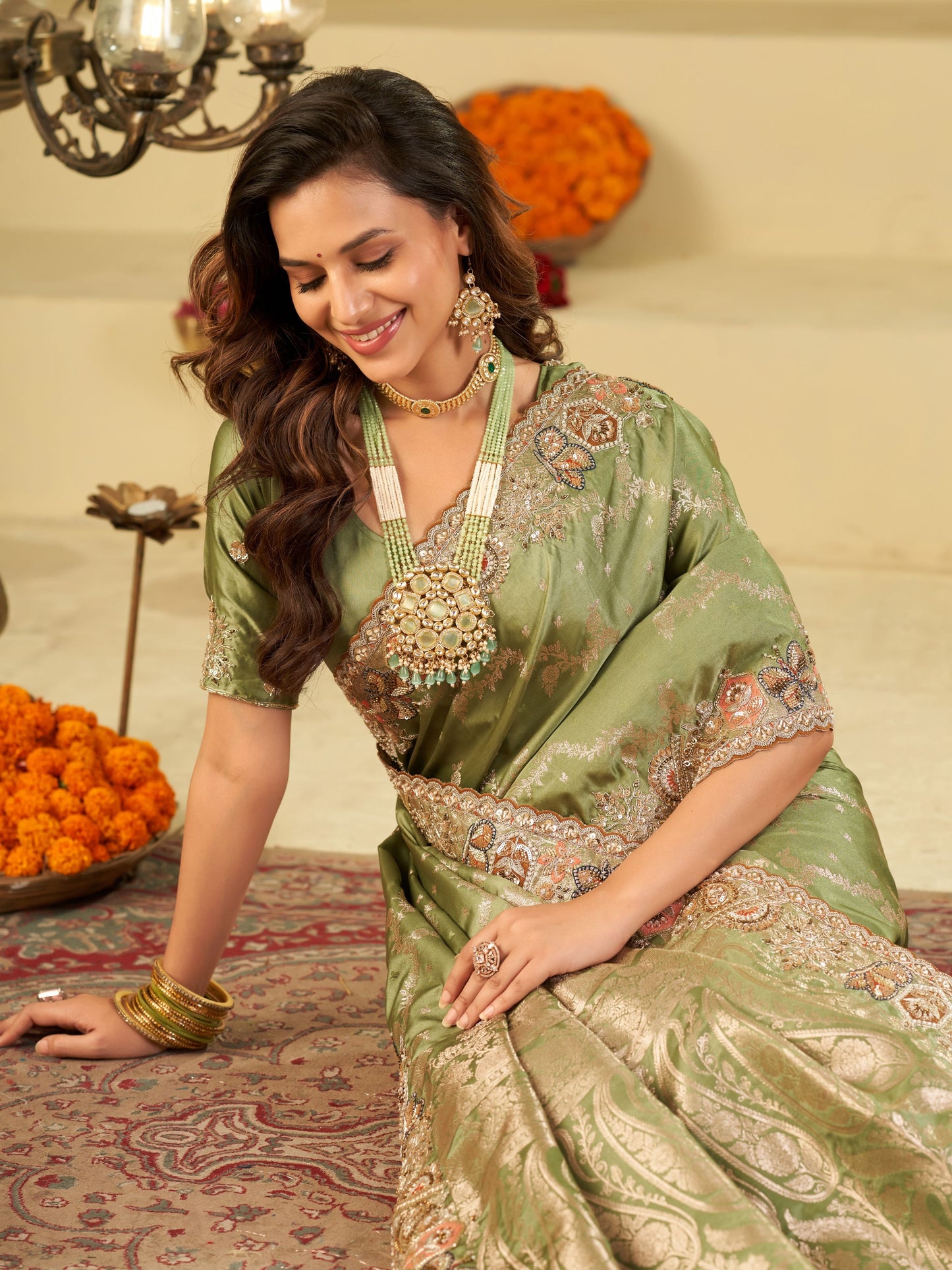 Olive Green Banarasi Silk Saree with Heavy Embroidered Border & Rich Zari Woven Pallu | Designer Wedding & Festive Saree