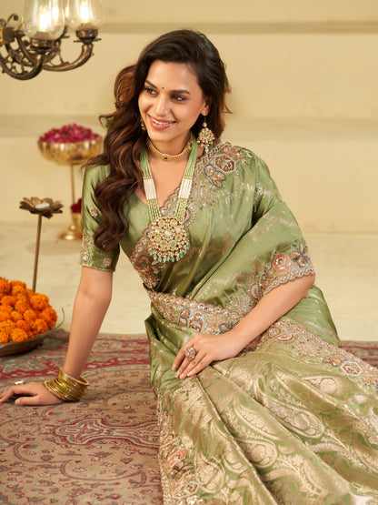 Olive Green Banarasi Silk Saree with Heavy Embroidered Border & Rich Zari Woven Pallu | Designer Wedding & Festive Saree