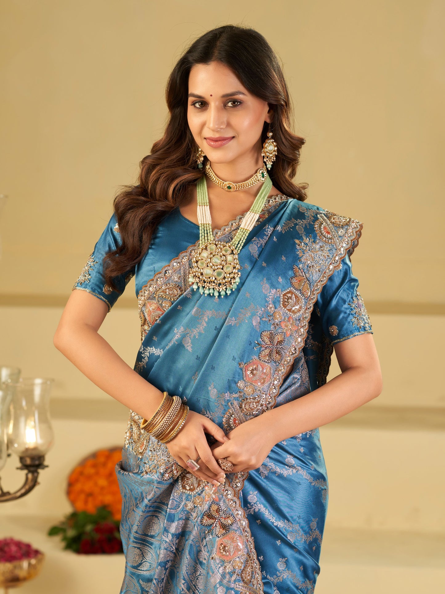 Sky Blue Banarasi Silk Saree with Heavy Embroidered Border & Rich Zari Woven Pallu | Designer Wedding & Festive Saree