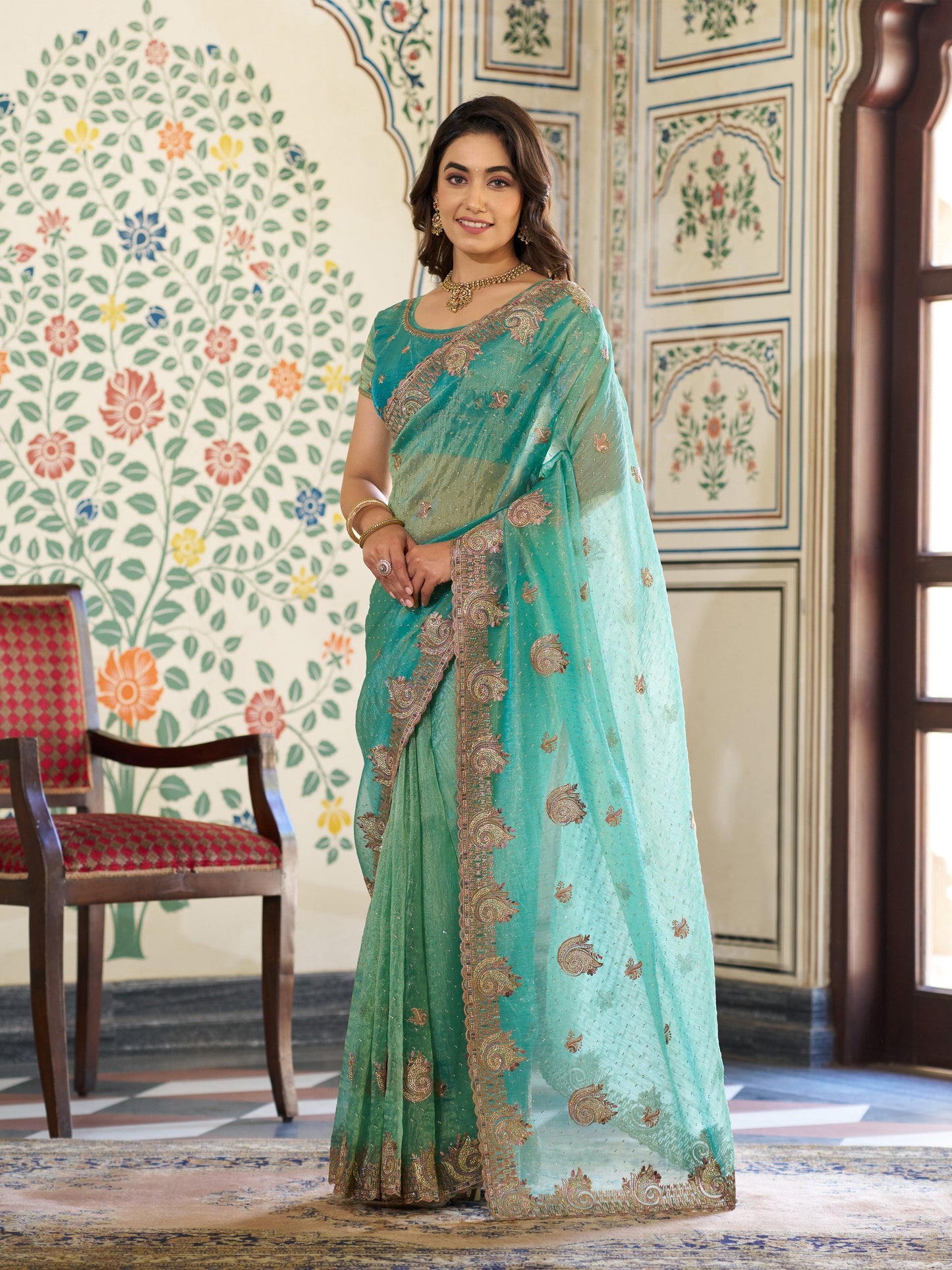 Aqua Green Fendy Satin Embroidered Saree with Paisley Motifs & Zari Border | Designer Festive Saree with Tassels & Heavy Embroidered Blouse