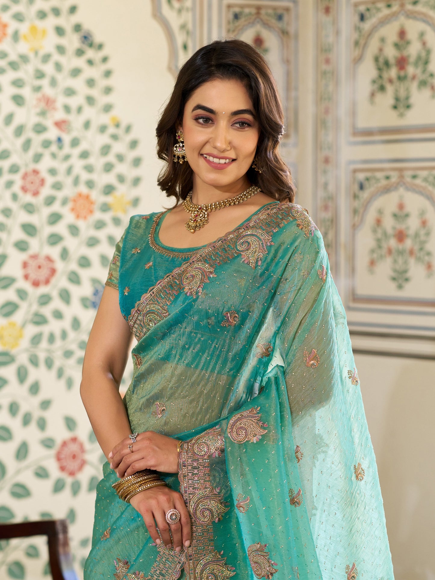 Aqua Green Fendy Satin Embroidered Saree with Paisley Motifs & Zari Border | Designer Festive Saree with Tassels & Heavy Embroidered Blouse