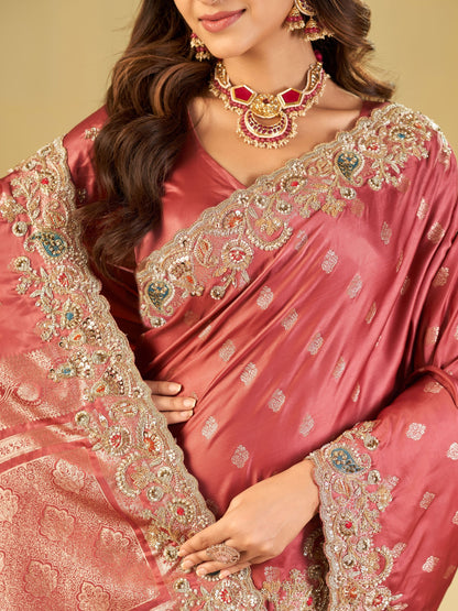 Dusty Rose Banarasi Silk Saree with Heavy Embroidered Border & Rich Zari Woven Pallu | Designer Wedding & Festive Saree