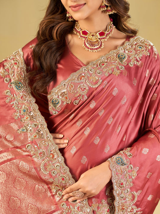 Dusty Rose Banarasi Silk Saree with Heavy Embroidered Border & Rich Zari Woven Pallu | Designer Wedding & Festive Saree