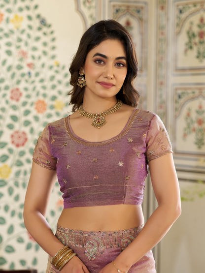 Blush Pink Fendy Satin Embroidered Saree with Paisley Motifs & Zari Border | Designer Festive Saree with Tassels & Heavy Embroidered Blouse