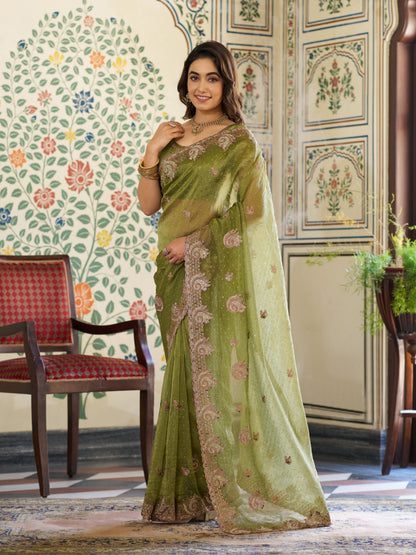 Olive Green Fendy Satin Embroidered Saree with Paisley Motifs & Zari Border | Designer Festive Saree with Tassels & Heavy Embroidered Blouse