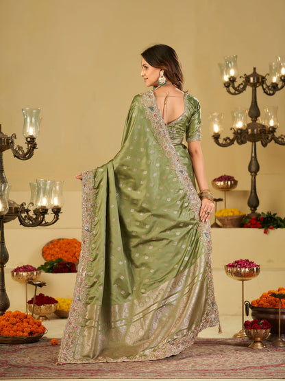 Pista Green Banarasi Silk Saree with Heavy Embroidered Border & Rich Zari Woven Pallu | Designer Festive Wedding Saree
