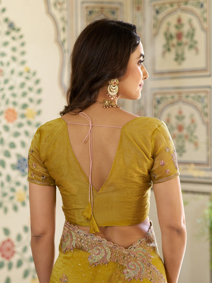 Mustard Yellow Fendy Satin Embroidered Saree with Paisley Motifs & Zari Border | Festive Designer Saree with Tassels & Heavy Embroidered Blouse