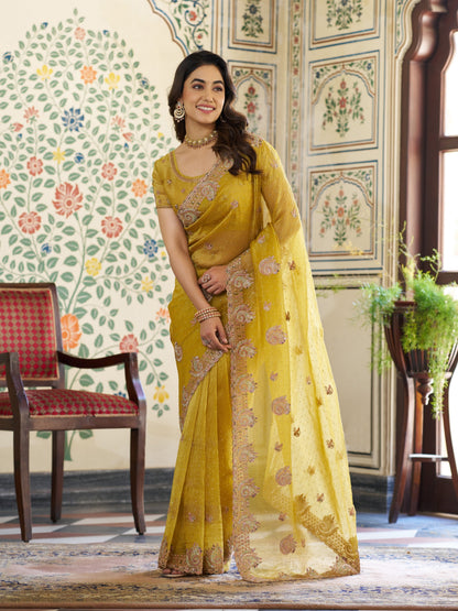 Mustard Yellow Fendy Satin Embroidered Saree with Paisley Motifs & Zari Border | Festive Designer Saree with Tassels & Heavy Embroidered Blouse