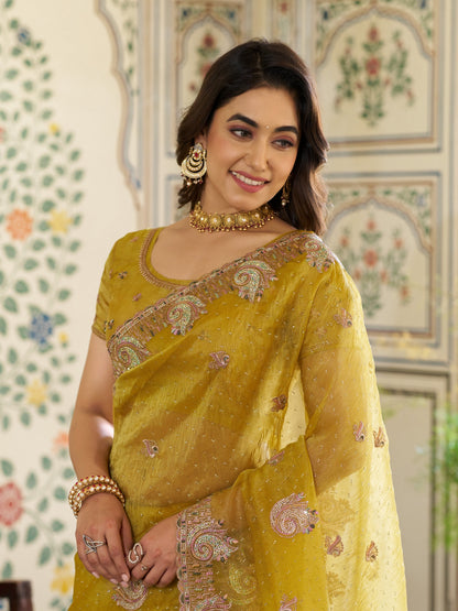 Mustard Yellow Fendy Satin Embroidered Saree with Paisley Motifs & Zari Border | Festive Designer Saree with Tassels & Heavy Embroidered Blouse