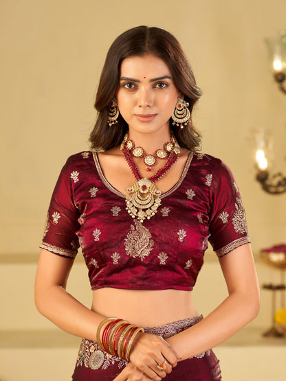 Wine Designer Fendy Satin Saree with Heavy Zari Embroidery Work | Premium Party Wear Wedding Saree with Embroidered Border & Blouse