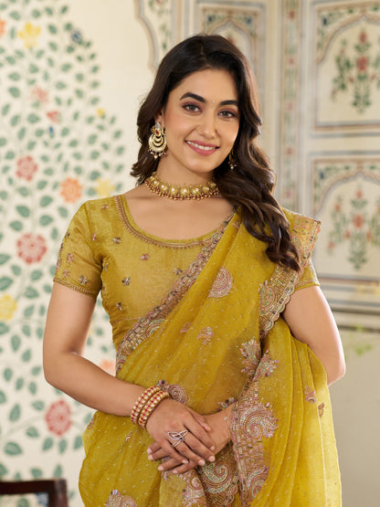 Mustard Yellow Fendy Satin Embroidered Saree with Paisley Motifs & Zari Border | Festive Designer Saree with Tassels & Heavy Embroidered Blouse