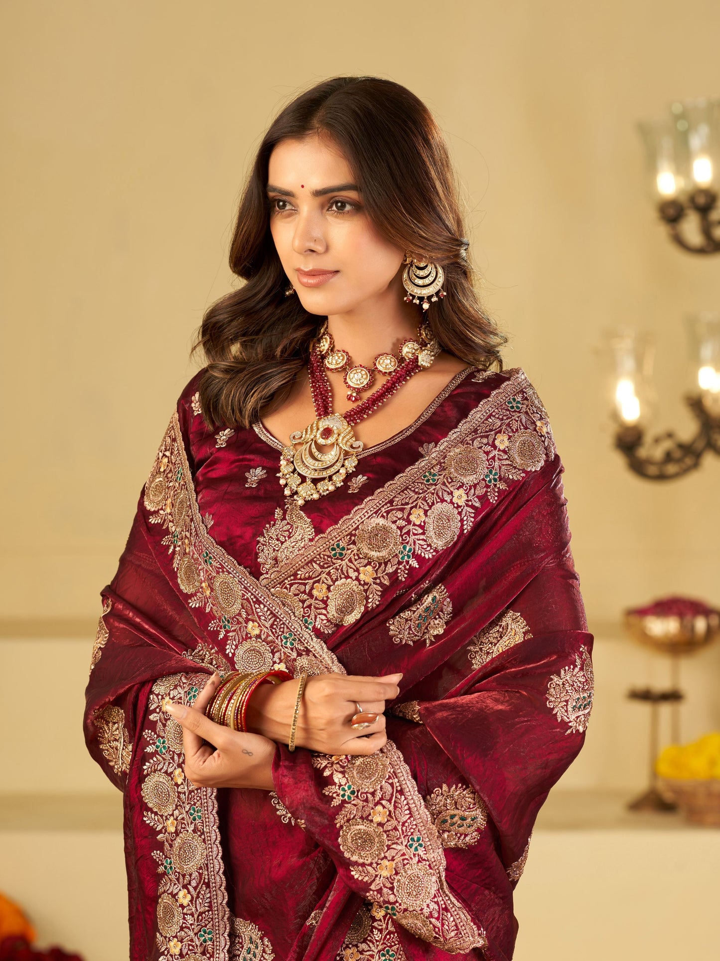 Wine Designer Fendy Satin Saree with Heavy Zari Embroidery Work | Premium Party Wear Wedding Saree with Embroidered Border & Blouse