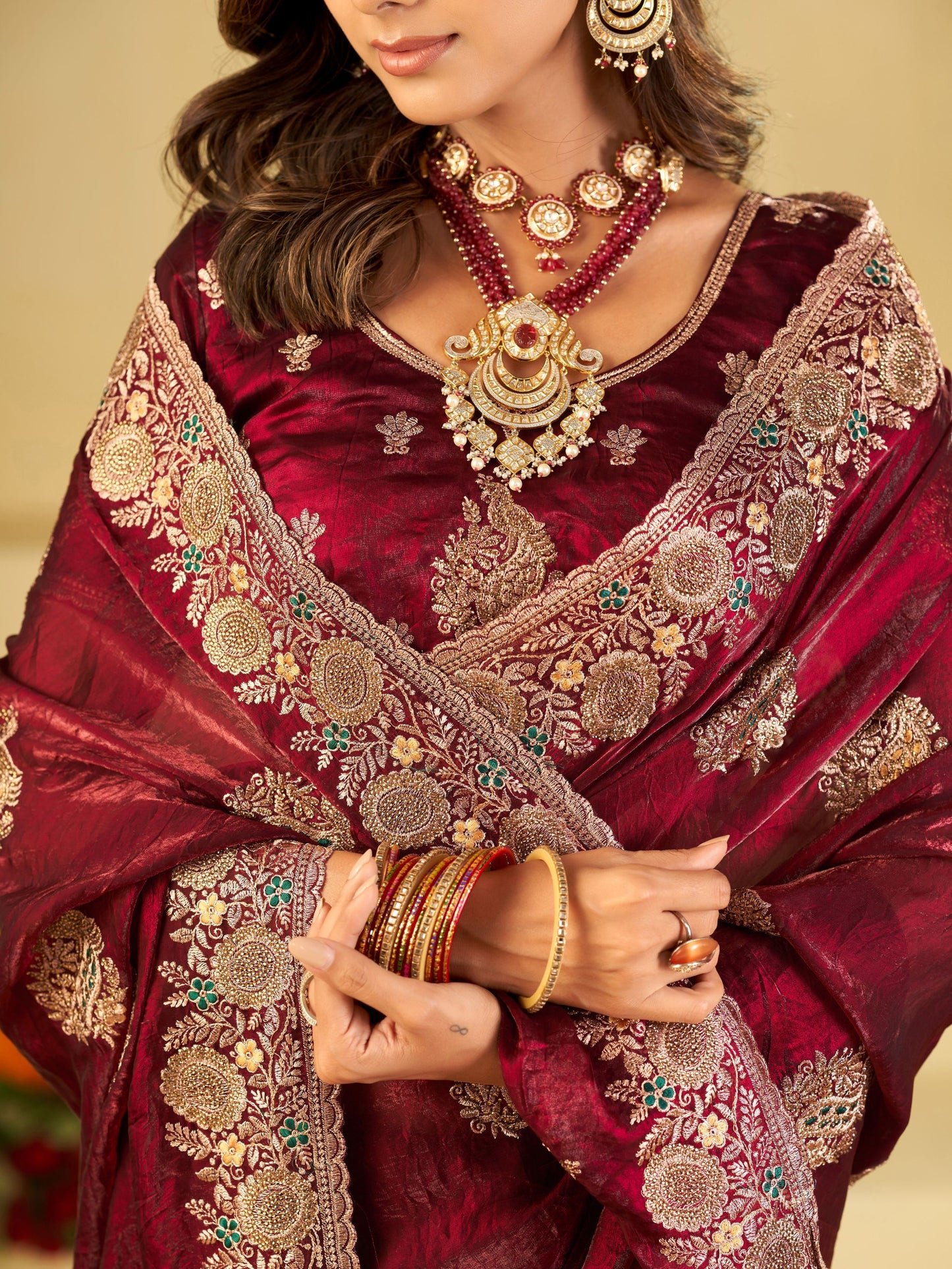 Wine Designer Fendy Satin Saree with Heavy Zari Embroidery Work | Premium Party Wear Wedding Saree with Embroidered Border & Blouse