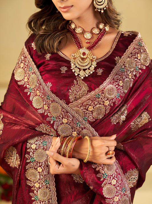 Wine Designer Fendy Satin Saree with Heavy Zari Embroidery Work | Premium Party Wear Wedding Saree with Embroidered Border & Blouse