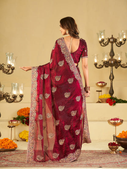 Wine Designer Fendy Satin Saree with Heavy Zari Embroidery Work | Premium Party Wear Wedding Saree with Embroidered Border & Blouse