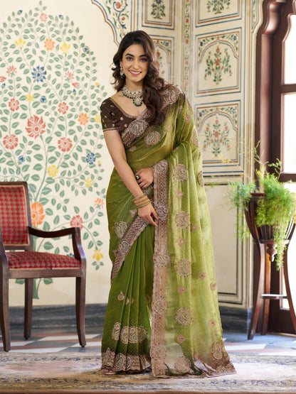 Olive Green Fendy Satin Designer Embroidered Saree with Floral & Paisley Motifs | Premium Festive Saree with Zari Border, Tassels & Heavy Embroidered Blouse