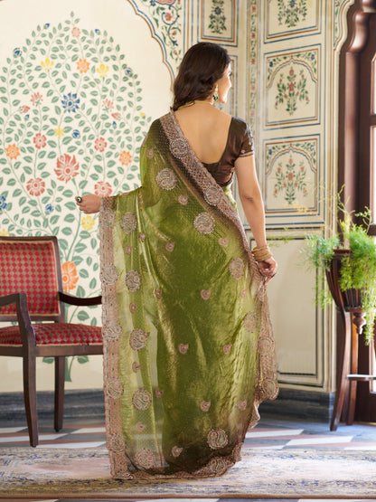Olive Green Fendy Satin Designer Embroidered Saree with Floral & Paisley Motifs | Premium Festive Saree with Zari Border, Tassels & Heavy Embroidered Blouse
