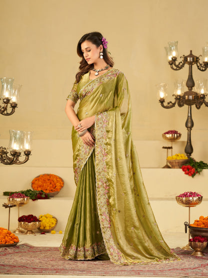 Olive Green Fendy Satin Saree with Floral Embroidery Border | Designer Embroidered Party Wear Saree with Blouse