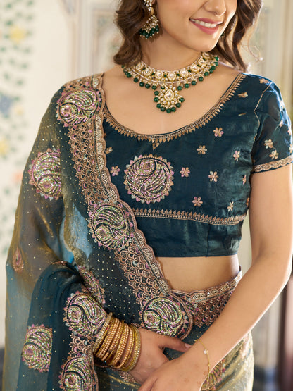 Teal Green Fendy Satin Designer Embroidered Saree with Paisley Motifs & Zari Border | Premium Festive Saree with Tassels & Heavy Embroidered Blouse