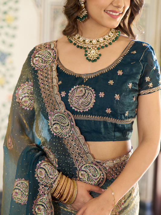 Teal Green Fendy Satin Designer Embroidered Saree with Paisley Motifs & Zari Border | Premium Festive Saree with Tassels & Heavy Embroidered Blouse