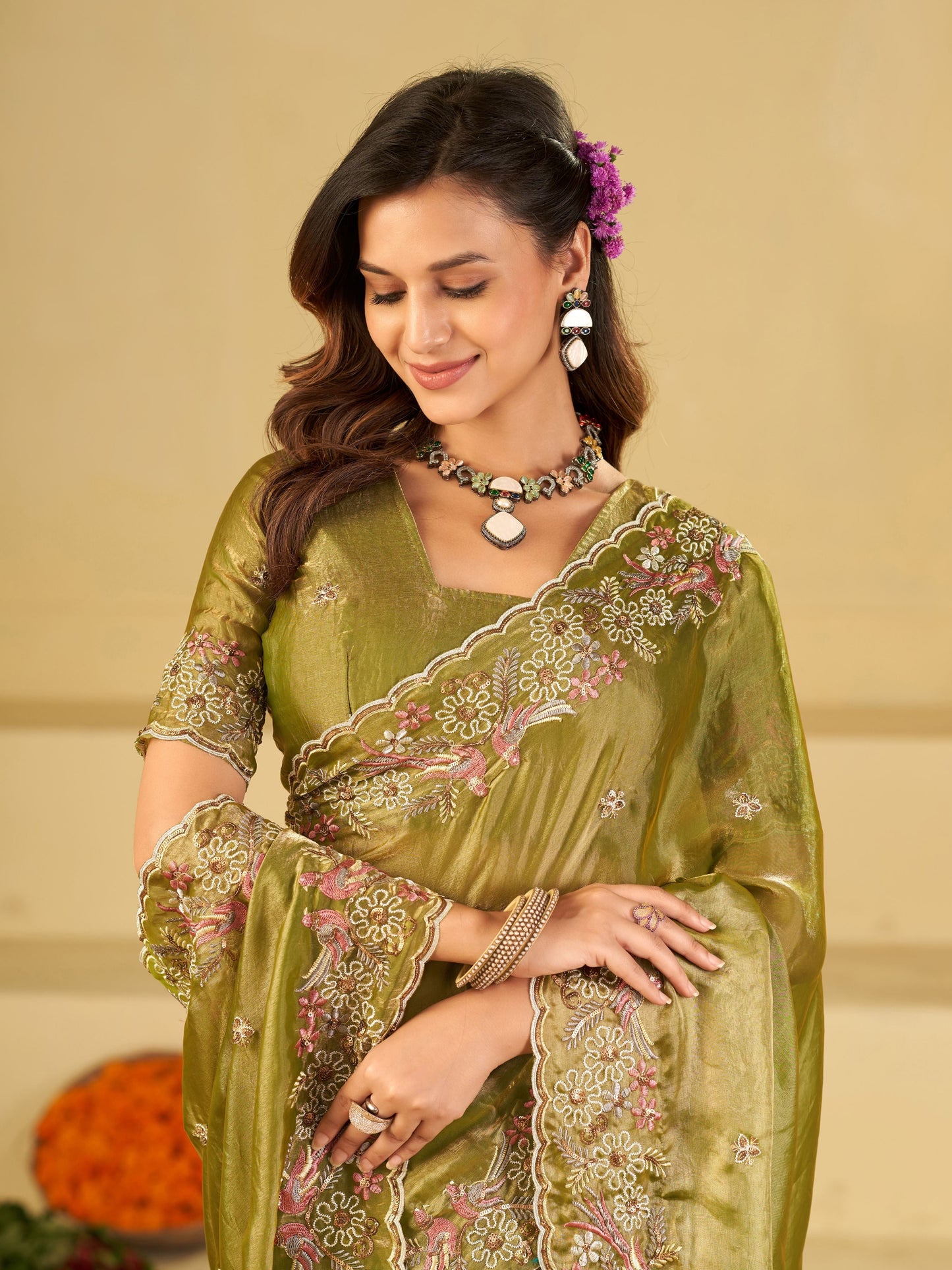 Olive Green Fendy Satin Saree with Floral Embroidery Border | Designer Embroidered Party Wear Saree with Blouse