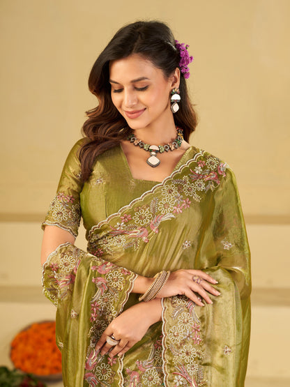 Olive Green Fendy Satin Saree with Floral Embroidery Border | Designer Embroidered Party Wear Saree with Blouse