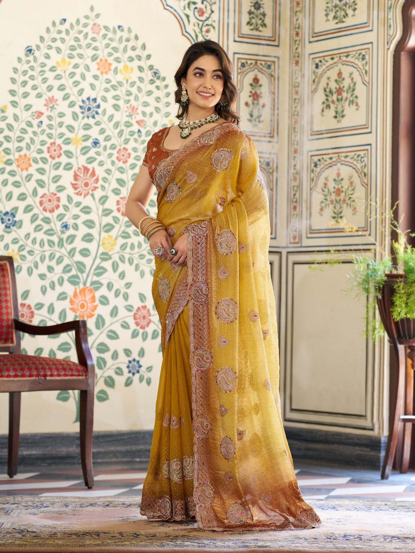 Dual Tone Mustard Yellow & Rust Fendy Satin Embroidered Saree with Paisley Motifs & Zari Border | Designer Festive Saree with Tassels & Heavy Embroidered Blouse