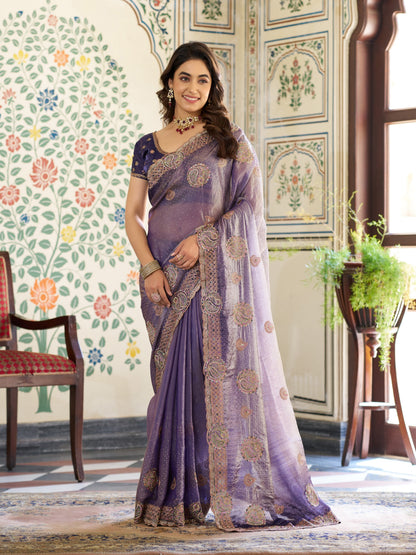 Royal Lavender Purple Fendy Satin Embroidered Saree with Paisley Motifs & Zari Border | Designer Festive Saree with Tassels & Heavy Embroidered Blouse
