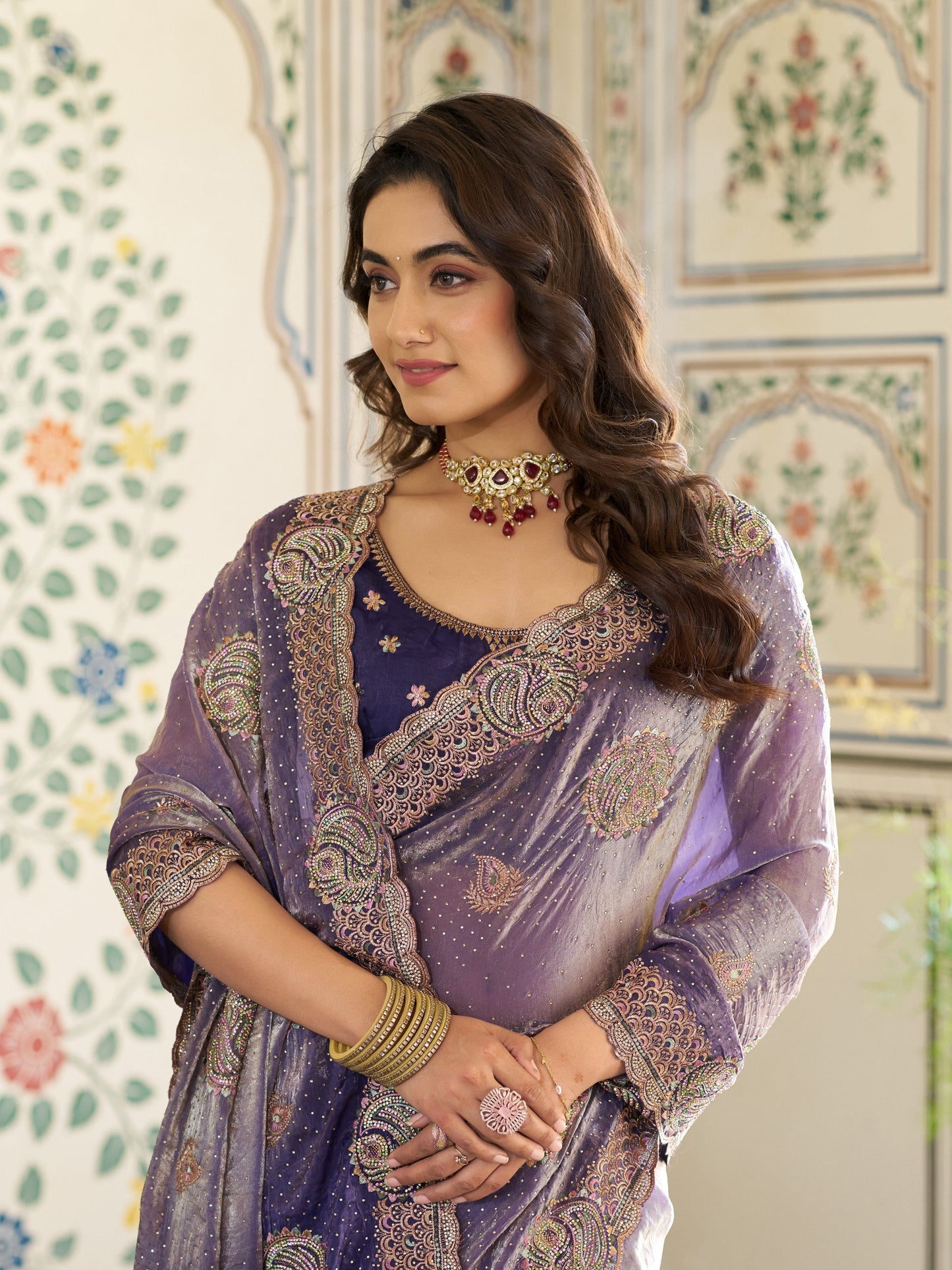 Royal Lavender Purple Fendy Satin Embroidered Saree with Paisley Motifs & Zari Border | Designer Festive Saree with Tassels & Heavy Embroidered Blouse