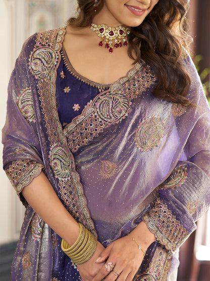 Royal Lavender Purple Fendy Satin Embroidered Saree with Paisley Motifs & Zari Border | Designer Festive Saree with Tassels & Heavy Embroidered Blouse