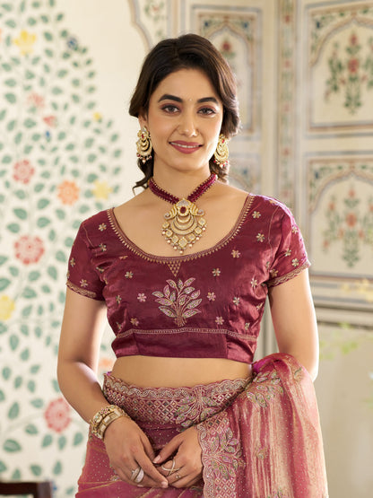 Dual Tone Rose Pink & Wine Fendy Satin Embroidered Saree with Floral Motifs & Zari Border | Designer Festive Saree with Tassels & Heavy Embroidered Blouse