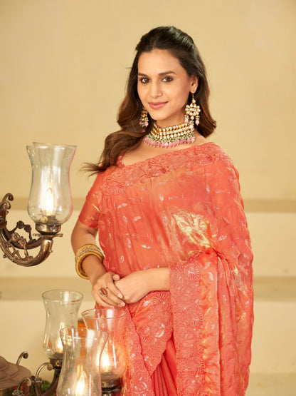 Peach Pink Designer Fendy Satin Saree with Heavy Embroidered Border | Premium Festive Party Wear Embroidered Saree with Blouse