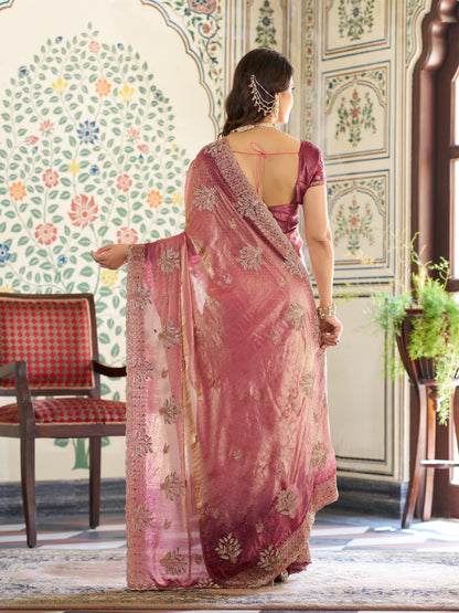 Dual Tone Rose Pink & Wine Fendy Satin Embroidered Saree with Floral Motifs & Zari Border | Designer Festive Saree with Tassels & Heavy Embroidered Blouse