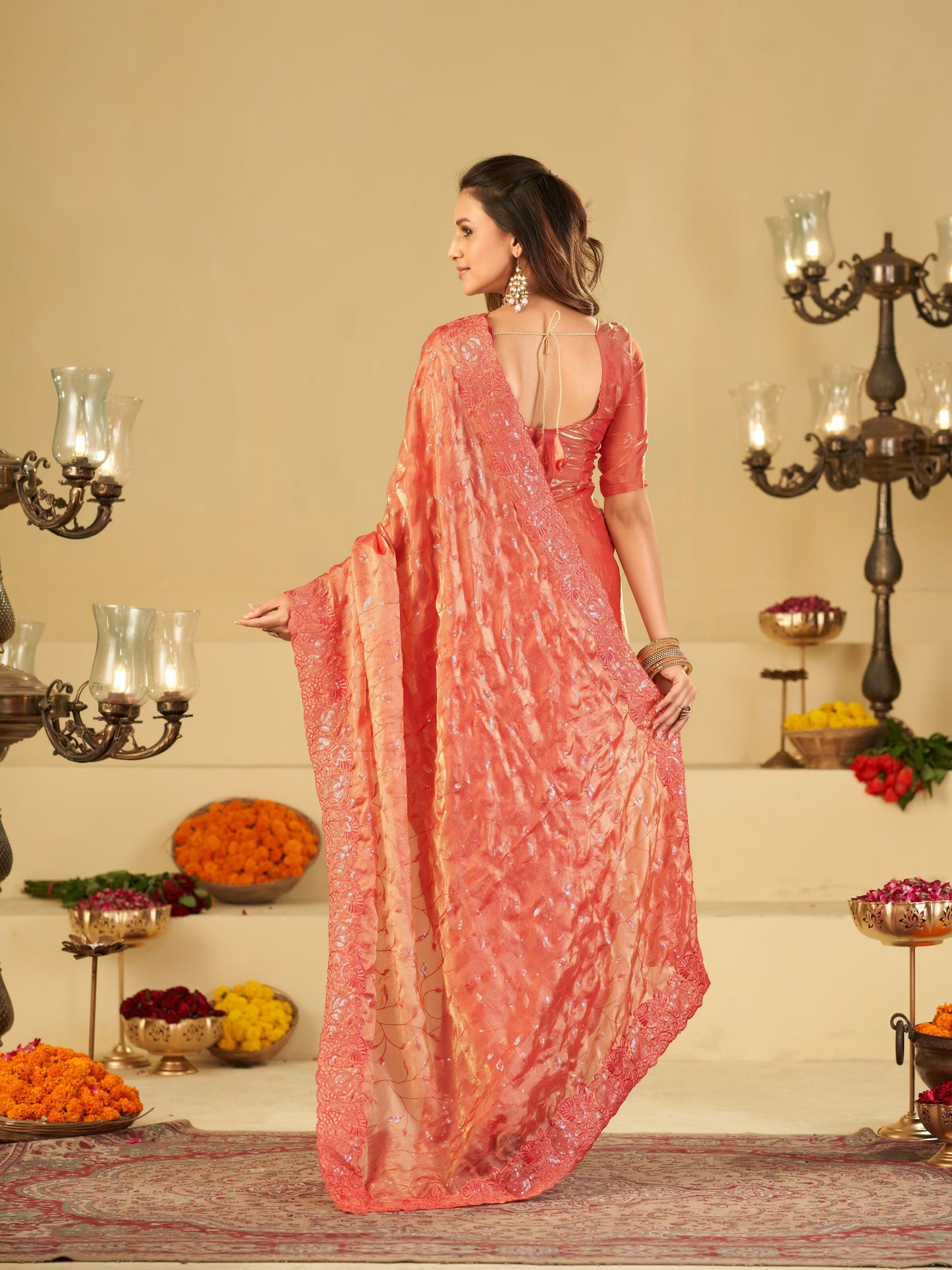 Peach Pink Designer Fendy Satin Saree with Heavy Embroidered Border | Premium Festive Party Wear Embroidered Saree with Blouse