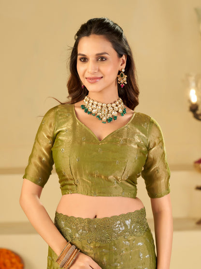 Olive Green Designer Fendy Satin Saree with Heavy Embroidered Border | Premium Festive Party Wear Saree with Blouse