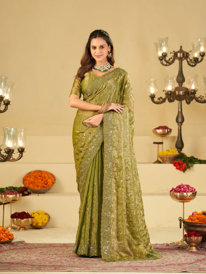 Olive Green Designer Fendy Satin Saree with Heavy Embroidered Border | Premium Festive Party Wear Saree with Blouse