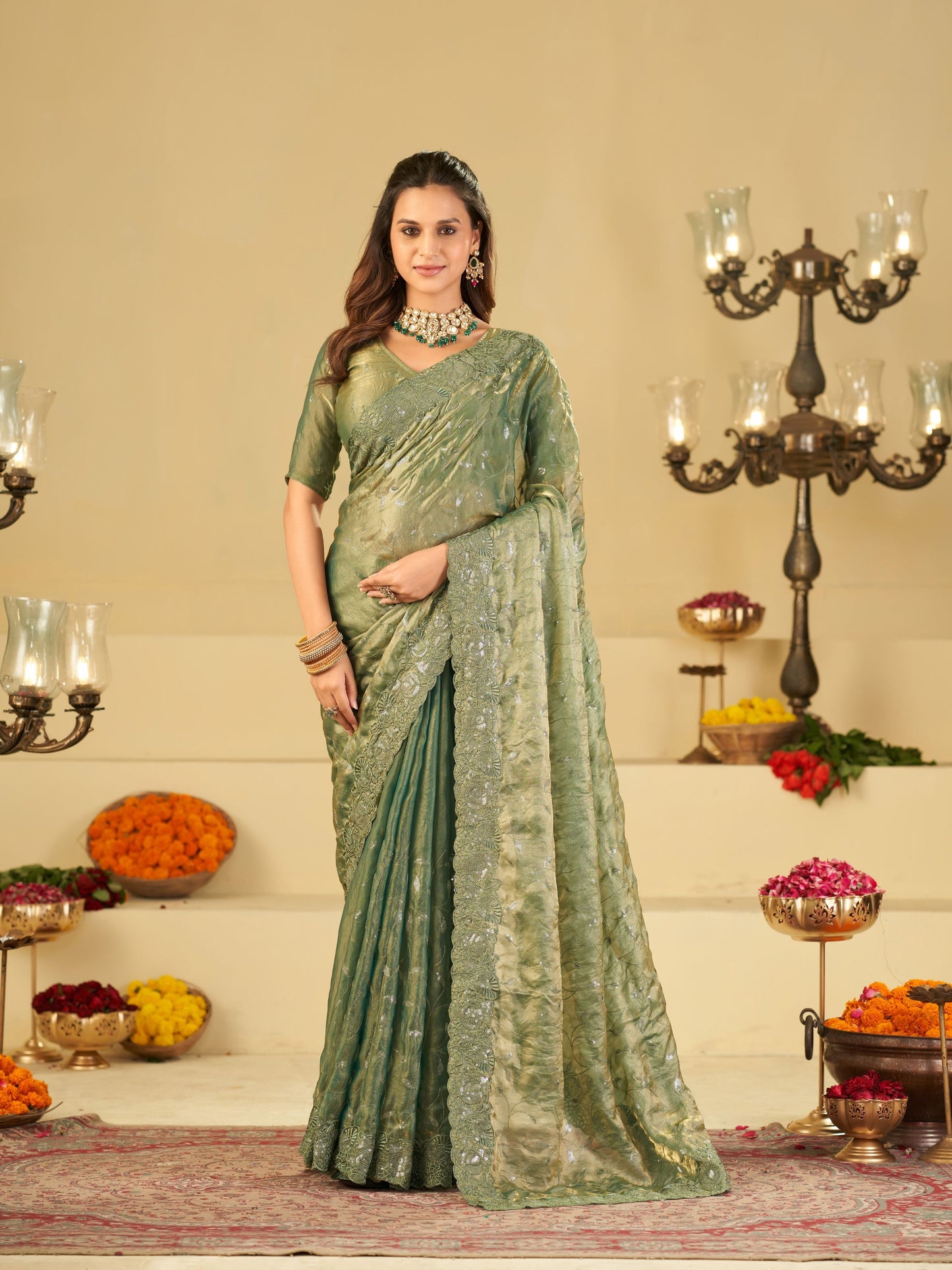 Sea Green Fendy Satin Saree with Heavy Embroidered Border | Designer Party Wear Embroidered Saree with Blouse