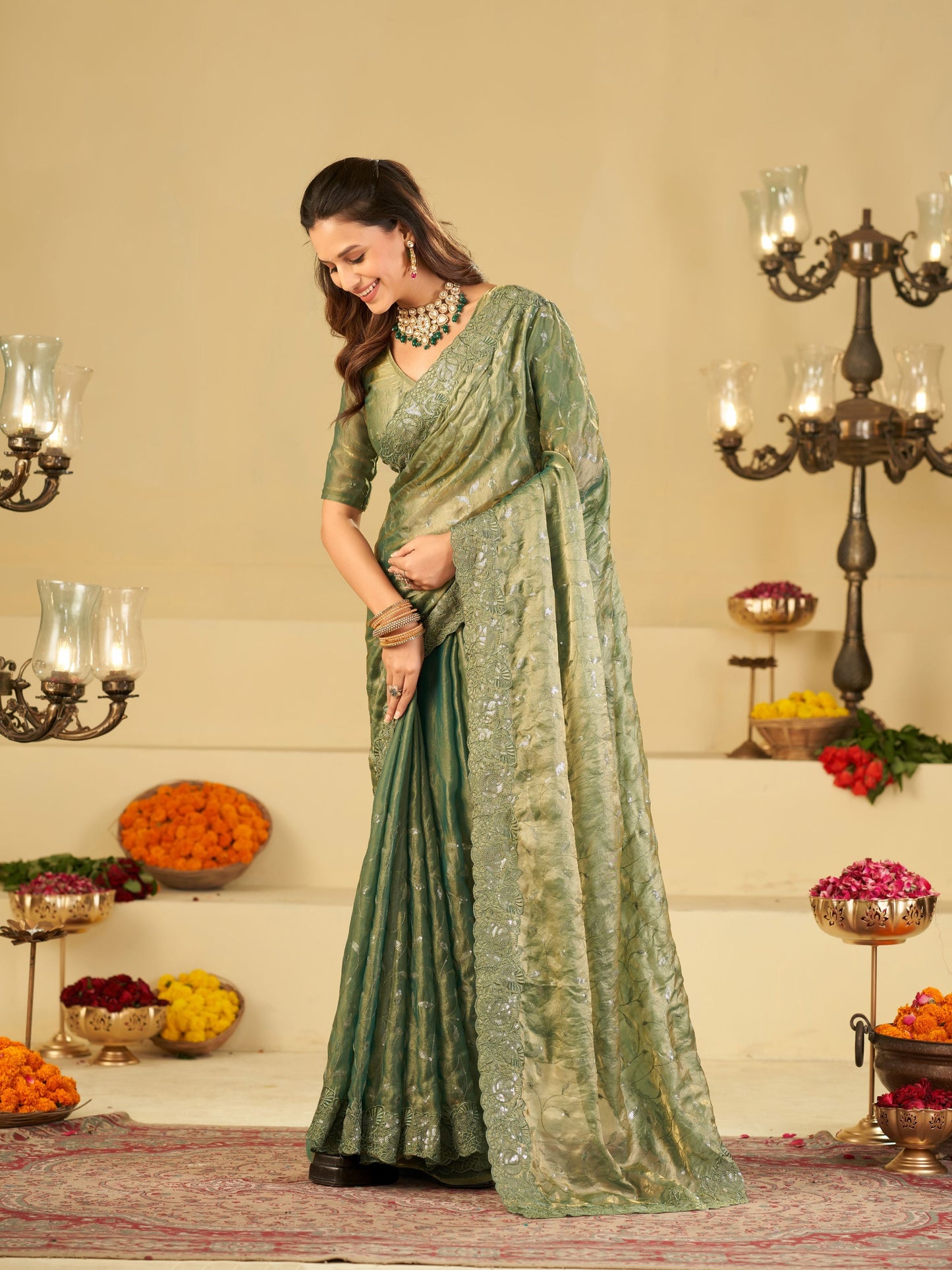 Sea Green Fendy Satin Saree with Heavy Embroidered Border | Designer Party Wear Embroidered Saree with Blouse