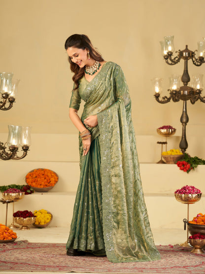 Sea Green Fendy Satin Saree with Heavy Embroidered Border | Designer Party Wear Embroidered Saree with Blouse