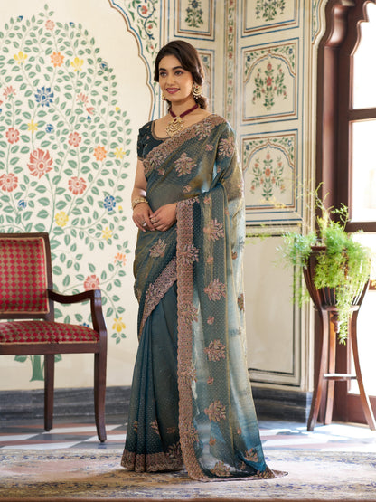 Deep Teal Green Fendy Satin Embroidered Saree with Floral Motifs & Rich Zari Border | Designer Party Wear Saree with Tassels & Heavy Embroidered Blouse