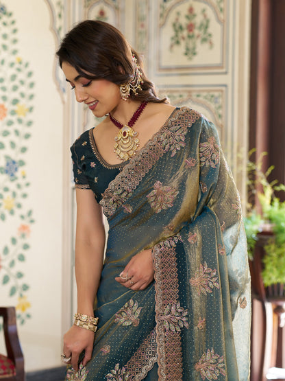 Deep Teal Green Fendy Satin Embroidered Saree with Floral Motifs & Rich Zari Border | Designer Party Wear Saree with Tassels & Heavy Embroidered Blouse