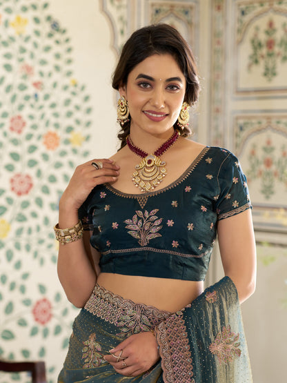 Deep Teal Green Fendy Satin Embroidered Saree with Floral Motifs & Rich Zari Border | Designer Party Wear Saree with Tassels & Heavy Embroidered Blouse