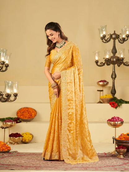 Mustard Yellow Designer Fendy Satin Saree with Heavy Embroidered Border | Premium Festive Party Wear Saree with Blouse