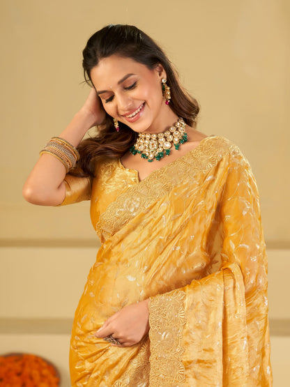 Mustard Yellow Designer Fendy Satin Saree with Heavy Embroidered Border | Premium Festive Party Wear Saree with Blouse