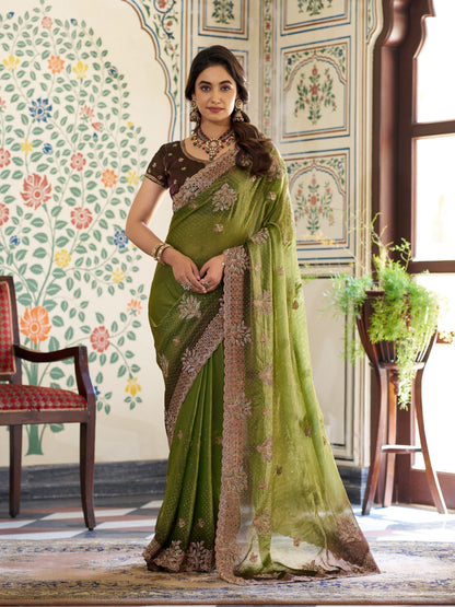 Olive Green Fendy Satin Embroidered Saree with Floral & Paisley Motifs | Designer Zari Border Saree with Tassels & Heavy Embroidered Blouse