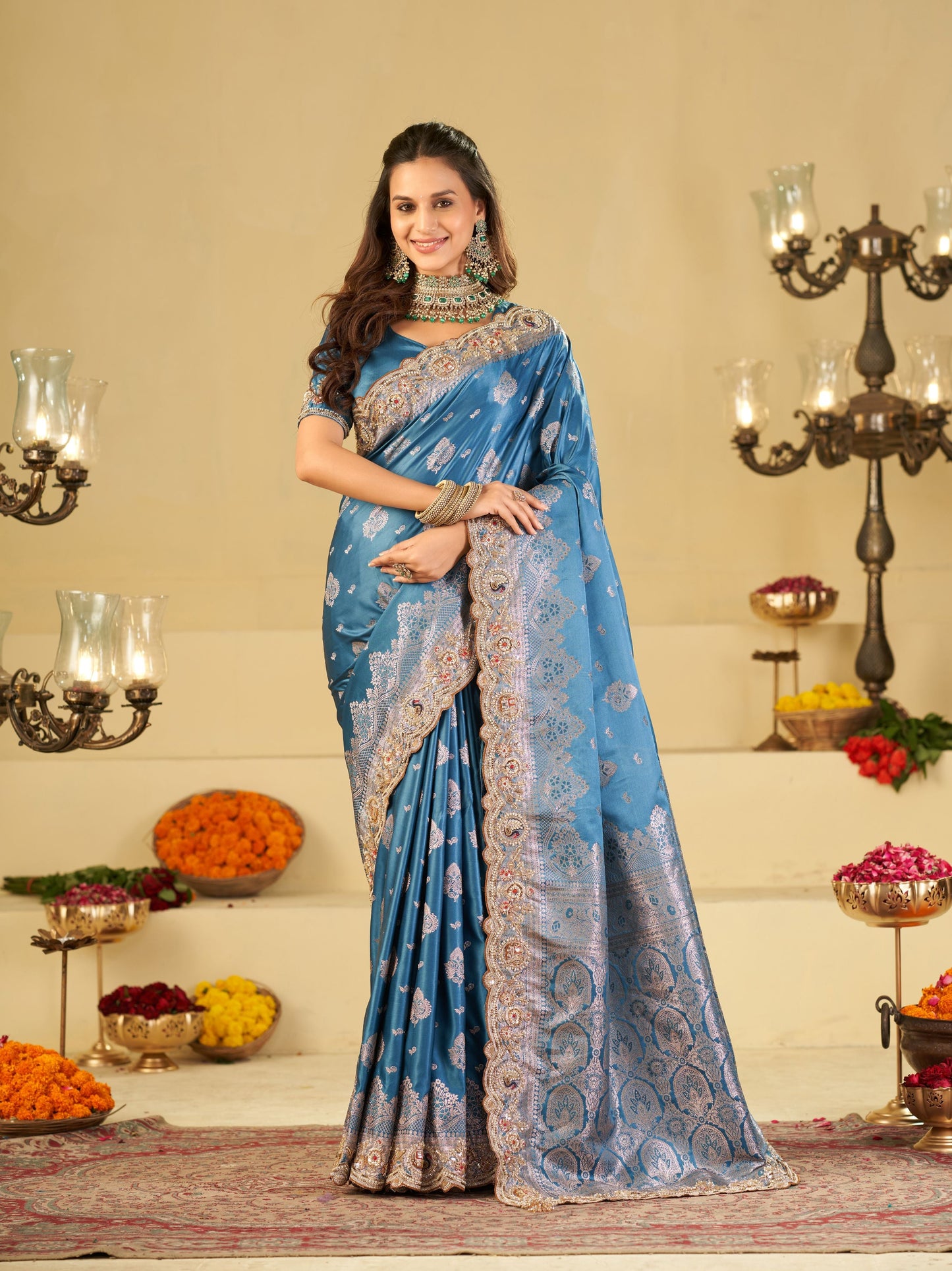 Royal Blue Banarasi Silk Saree with Heavy Embroidered Scallop Border & Rich Zari Woven Pallu | Designer Wedding Festive Saree
