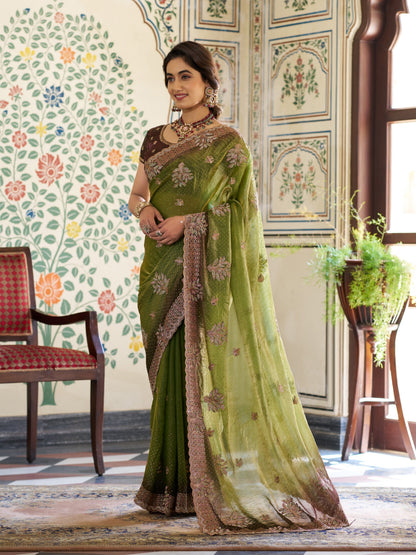 Olive Green Fendy Satin Embroidered Saree with Floral & Paisley Motifs | Designer Zari Border Saree with Tassels & Heavy Embroidered Blouse