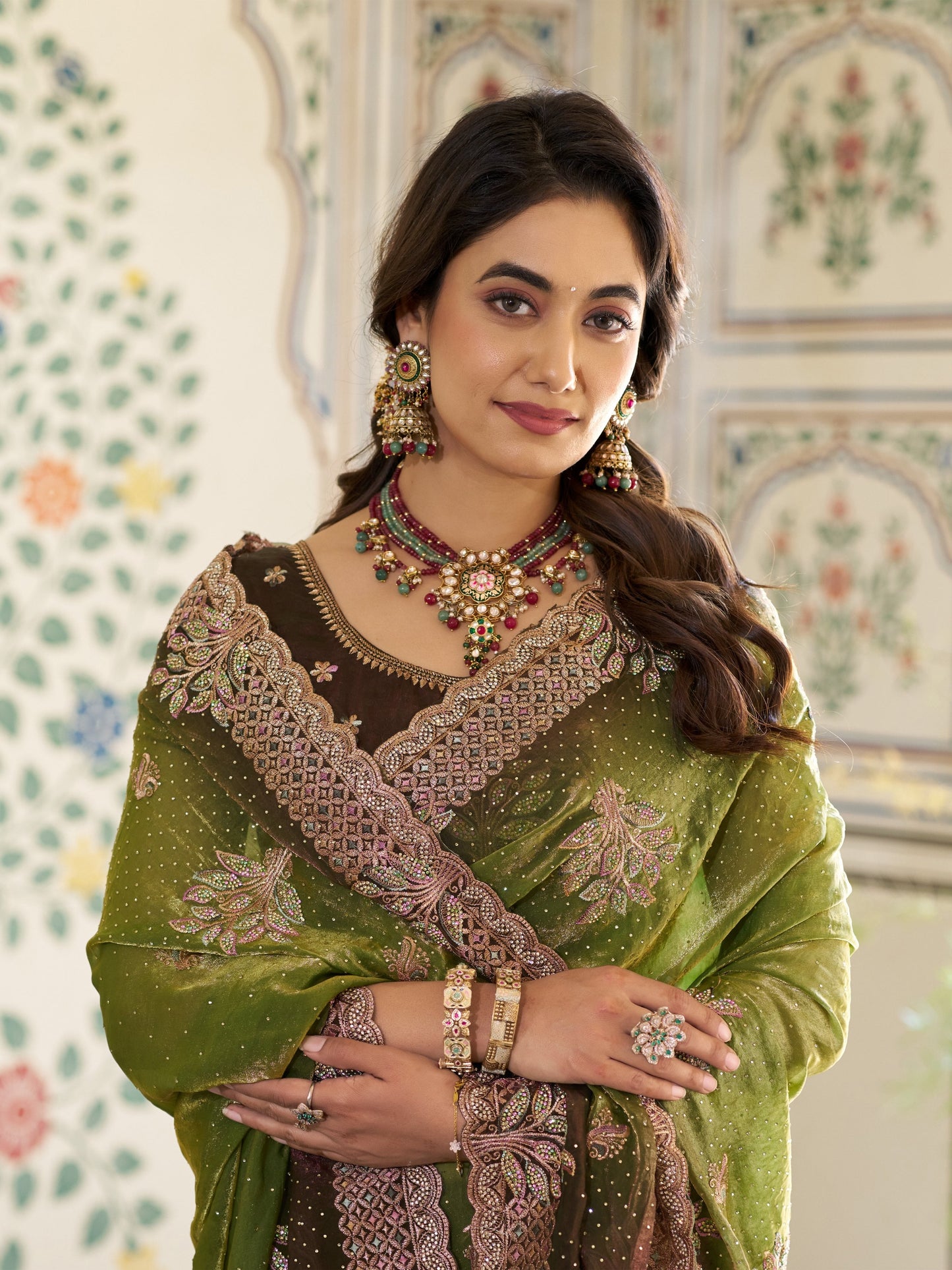 Olive Green Fendy Satin Embroidered Saree with Floral & Paisley Motifs | Designer Zari Border Saree with Tassels & Heavy Embroidered Blouse